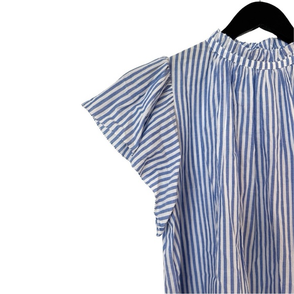 Trovata Small Carla Highneck Shirt in Blue White Stripe Flutter Sleeve Preppy - Picture 11 of 11